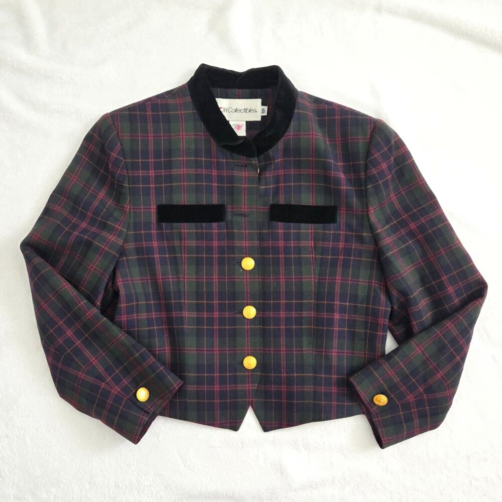 Vtg Wool Plaid Blazer Size 8P Velvet Trim Gold Button Old Money Heritage‎ Preppy - Picture 11 of 15